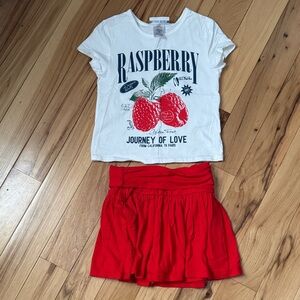 White Raspberry Graphic Tee and Red Skirt Set